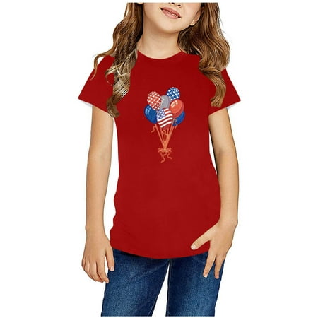 

Geire 4th of July Shirts 1 Pack Boys Girls Everyday Casual Short Sleeve Crew Neck T-Shirt with Chest Ballon Printed Soft T Loose Sizes 110-160