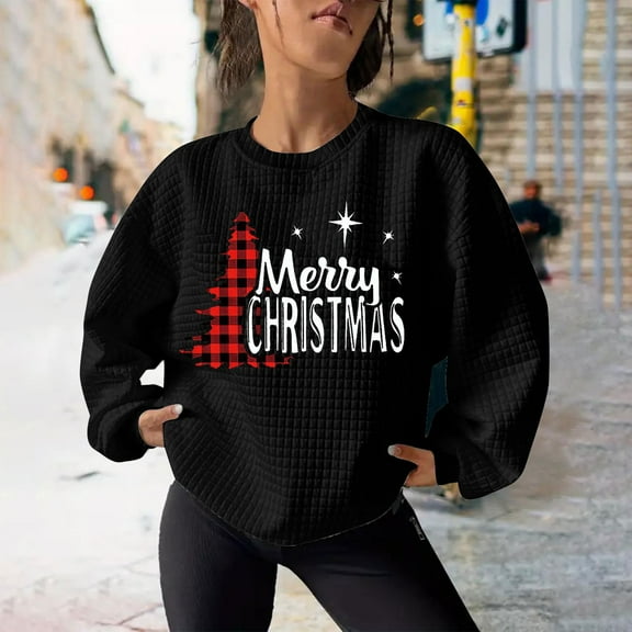 qolati Waffle Knit Sweatshirt for Women Christmas Trees Print Sweatshirt 2024 Trendy Crew Neck Casual Waffle Pullover Holiday Long Sleeve Xmas Tops