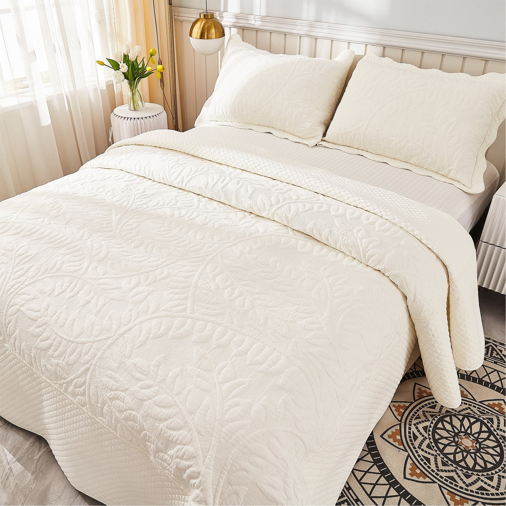 MarCielo  3 Piece Cotton Oversized Bedspread Quilt Set Tmonica Soft White - Queen