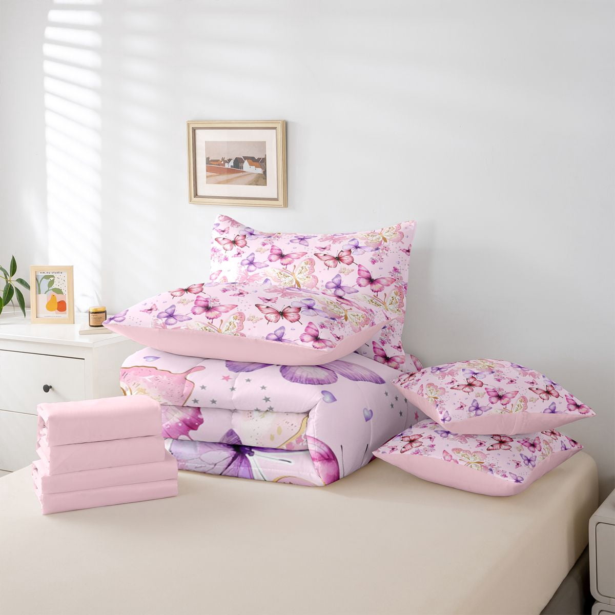 Homewish Colorful Butterflies 7-Piece Bedding Comforter Set For Children Kids Teens,Dreamy Princess King Bedding Sets,Pink Purple Ultra Soft Bed Sheets,Luxury Bedroom Decor,Reversible