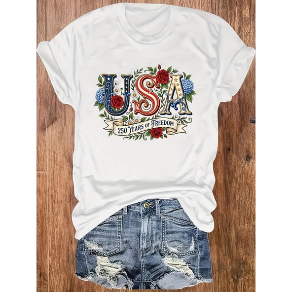 USA 250 Years of Graphic Casual Round-Neck Sweater Soft And Comfortable Women'S Tee