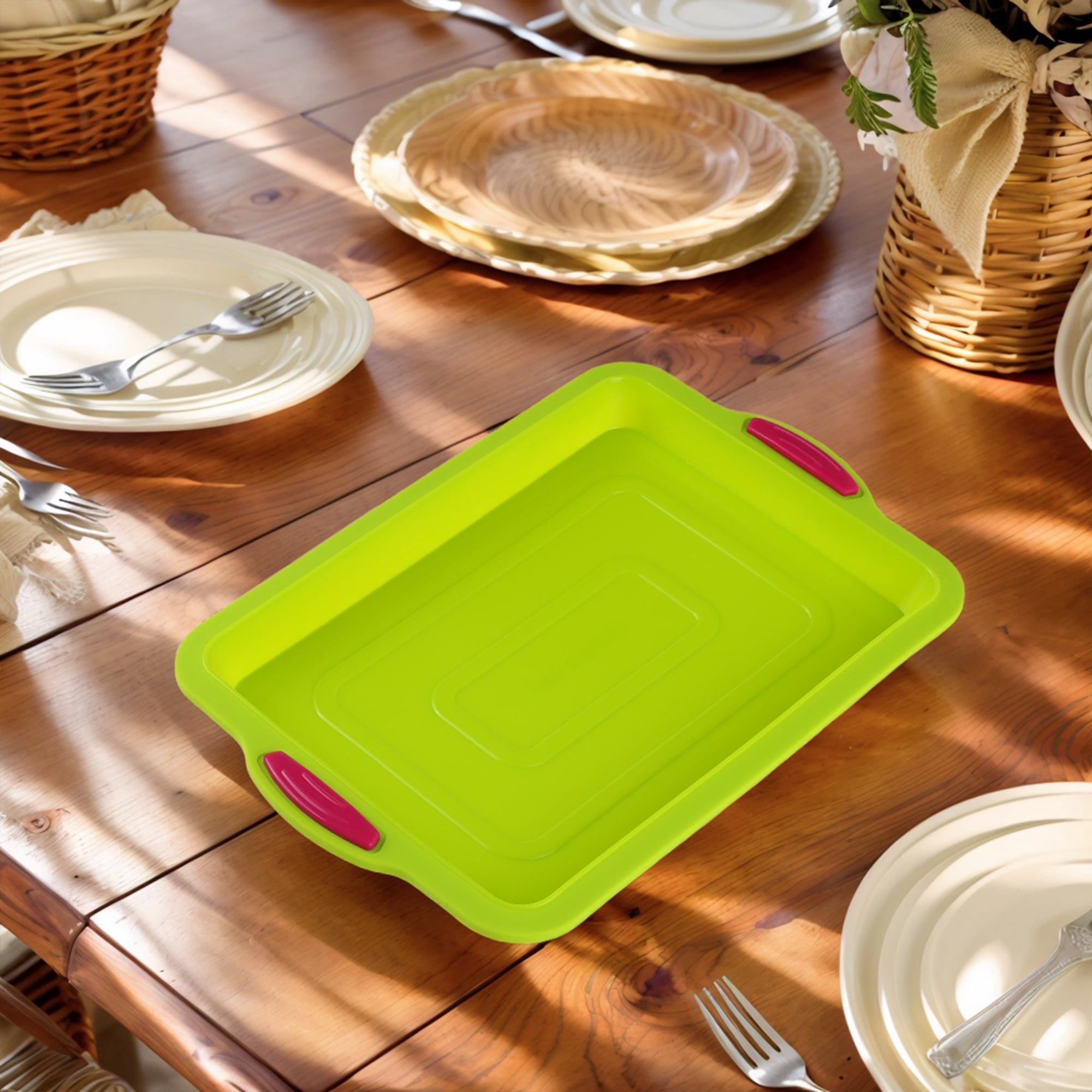 REGALWOVEN 3 Packs Cake Pan Nonstick Silicone Baking Pan, Easy Release, Heat Resistant Sheet Pans for Baking Cakes, Cheesecakes Red 13.4*9.4*1in
