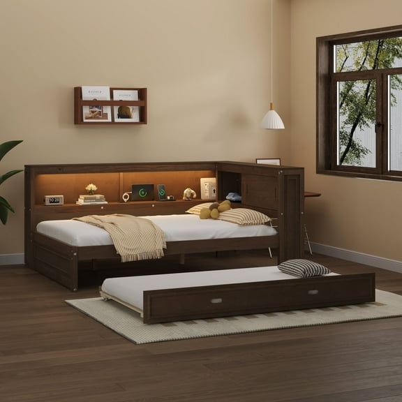 Full Size Solid and Stable Wood Daybed with Storage Shelves, USB, LED, and Trundle(Wood)