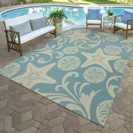 Paseo 8' x 10' Blue and Beige Starfish Outdoor Rug