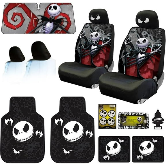 Jack Skellington Ghostly Car Seat Covers, Sunshade & Heavy Duty Floor Mats Bundle – Nightmare Before Christmas SUV/Truck Accessories – Yupbizauto Plasticolor Set