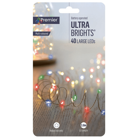 Raraion - 40 LED Multi-Coloured Indoor Ultrabrights, Battery Operated, 3.8m