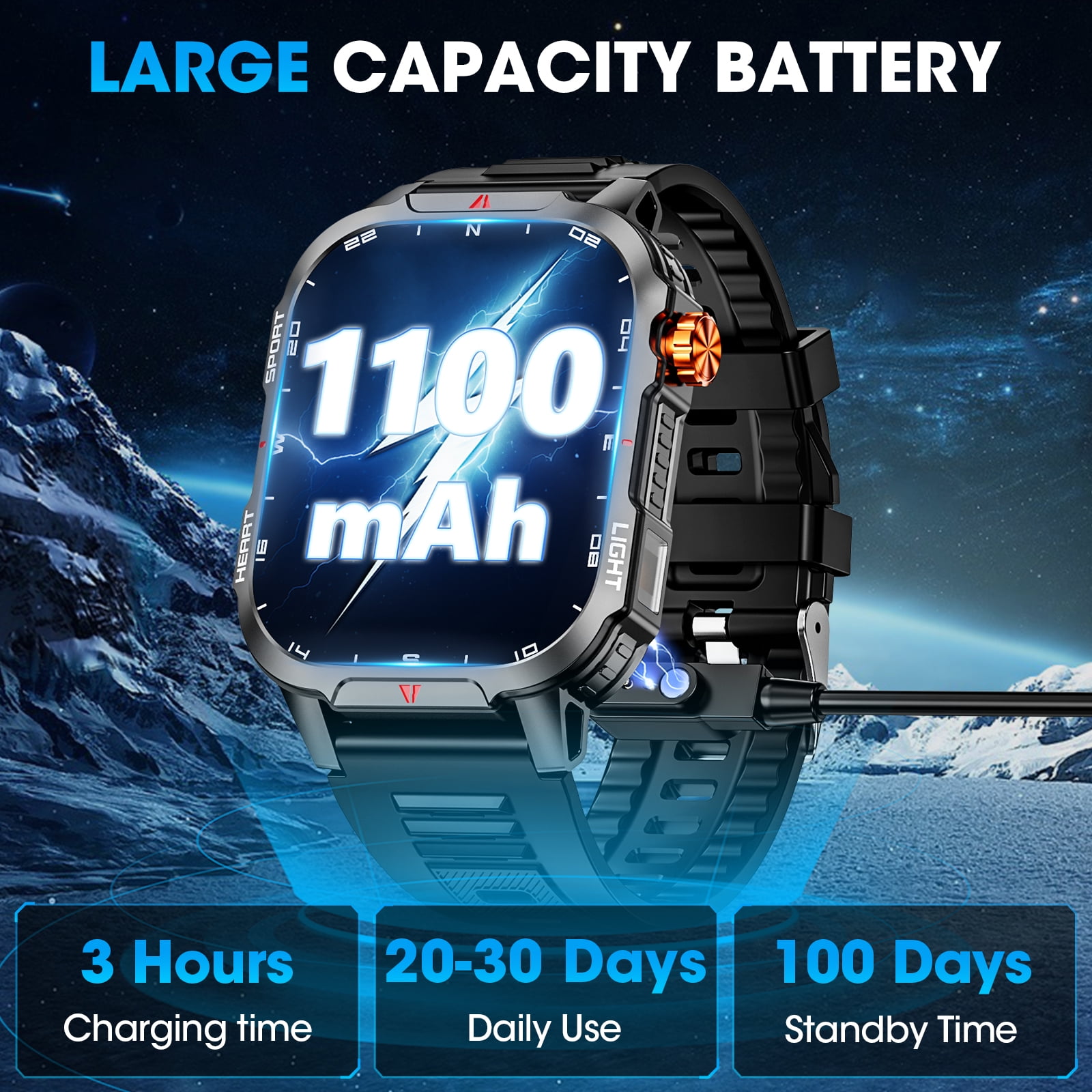 Haulvean Military Smart Watch for Men, 2.01-inch 1100mA Fitness Tracker Smartwatch, fits for Android and Iphone Devices IP68, with Answer/Make Calls/100+ Sport Modes (Black)