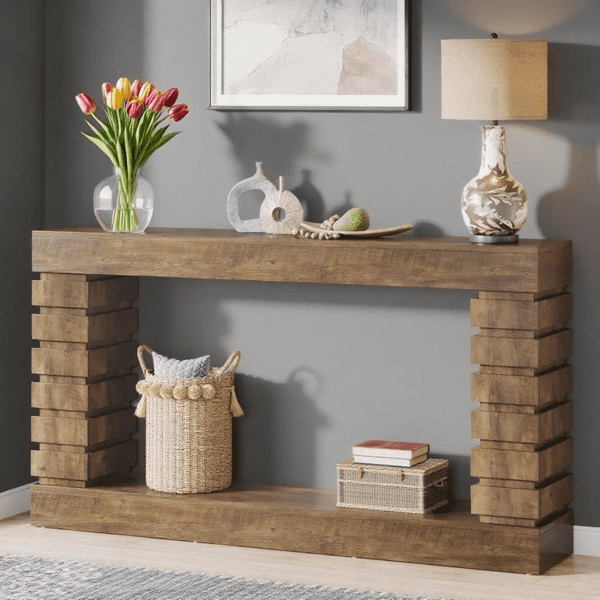 Industrial Multifunctional Accent Console Table - Vintage Brown 2-Tier Storage Shelves, Compact Narrow Design for Entryway, Hallway, Living Room