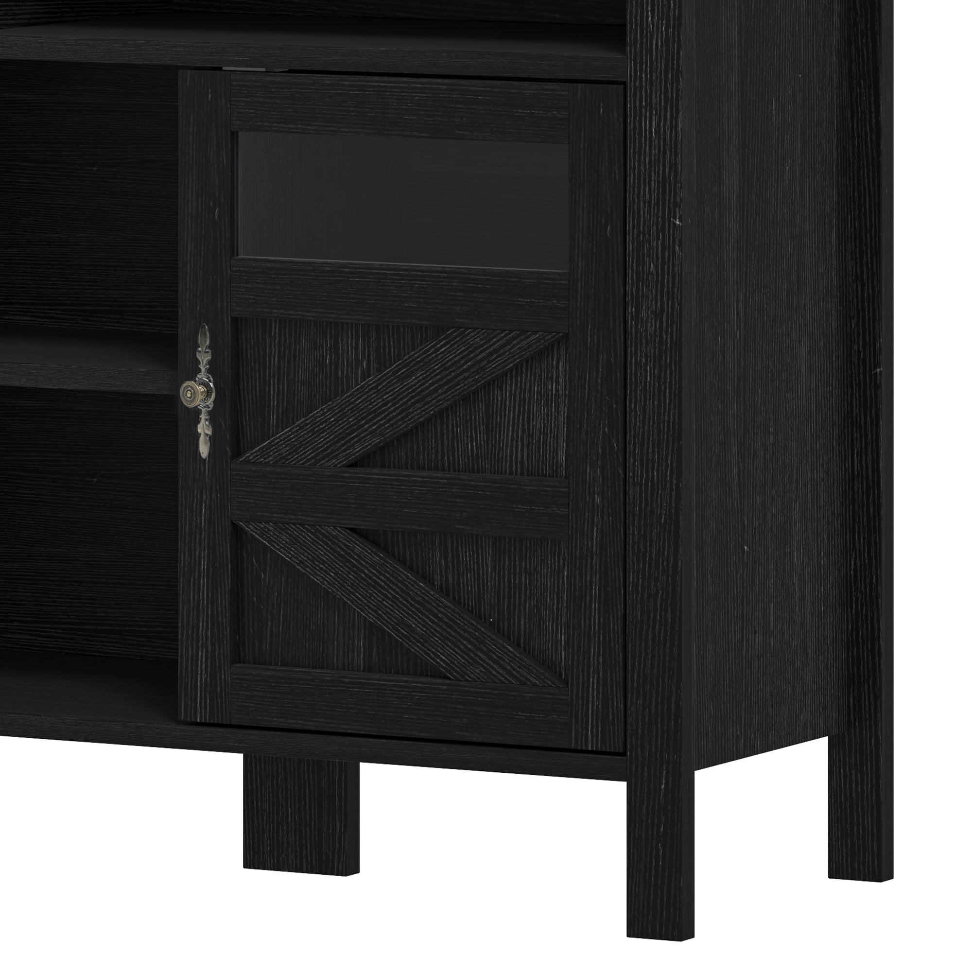 Uforic Farmhouse Sideboard Bar Cabinet with Glass Doors, Adjustable Shelves & Open Storage for Dining Room, Kitchen, Living Room, Black