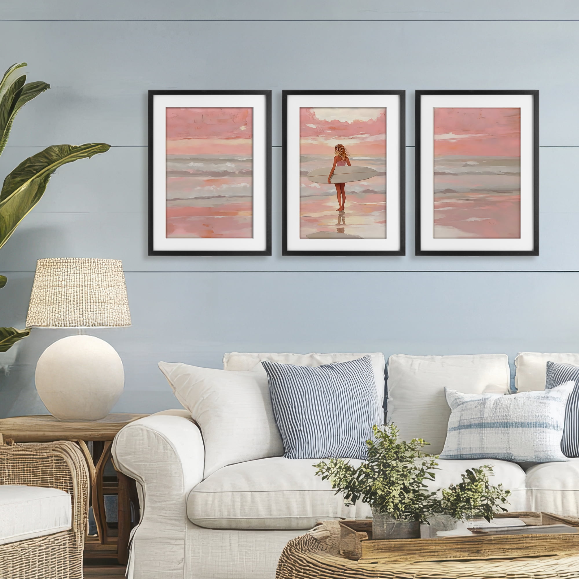 Stupell Industries Pink Sky Surfer Sunrise 3 Piece Black Framed Print Under Glass Set, design by LSR Design Studio