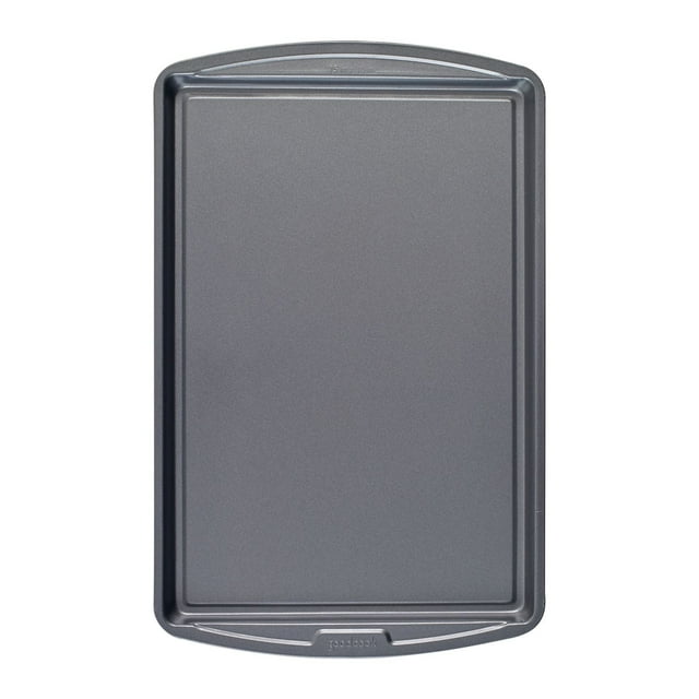 GoodCook gray nonstick steel baking sheet measuring 15 by 10 inches with raised edges and integrated handles.