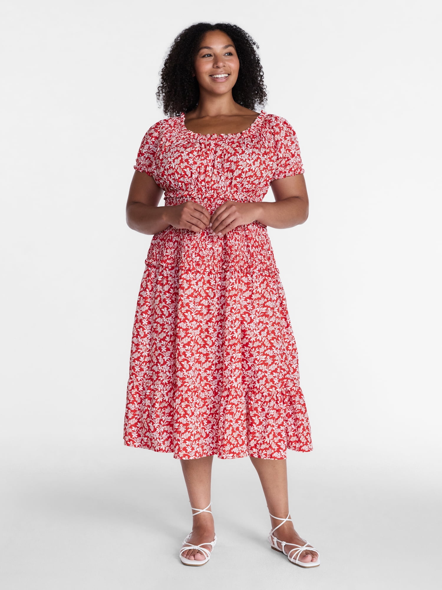 Time and Tru Women's Smocked Cotton Peasant Midi Dress, Sizes XS-XXXL