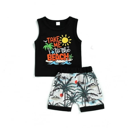

Seaside Resort Style Boys Sleeveless Letter Undershirt Coconut Tree Print Five Piece Suit Checke Pants Girls Teen Active Wear