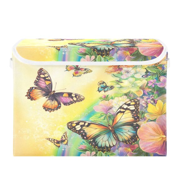 Storage Box With Lid 16.5x12.6x11.8In Foldable Stacked Household Storage Box Yellow Rainbow Butterfly