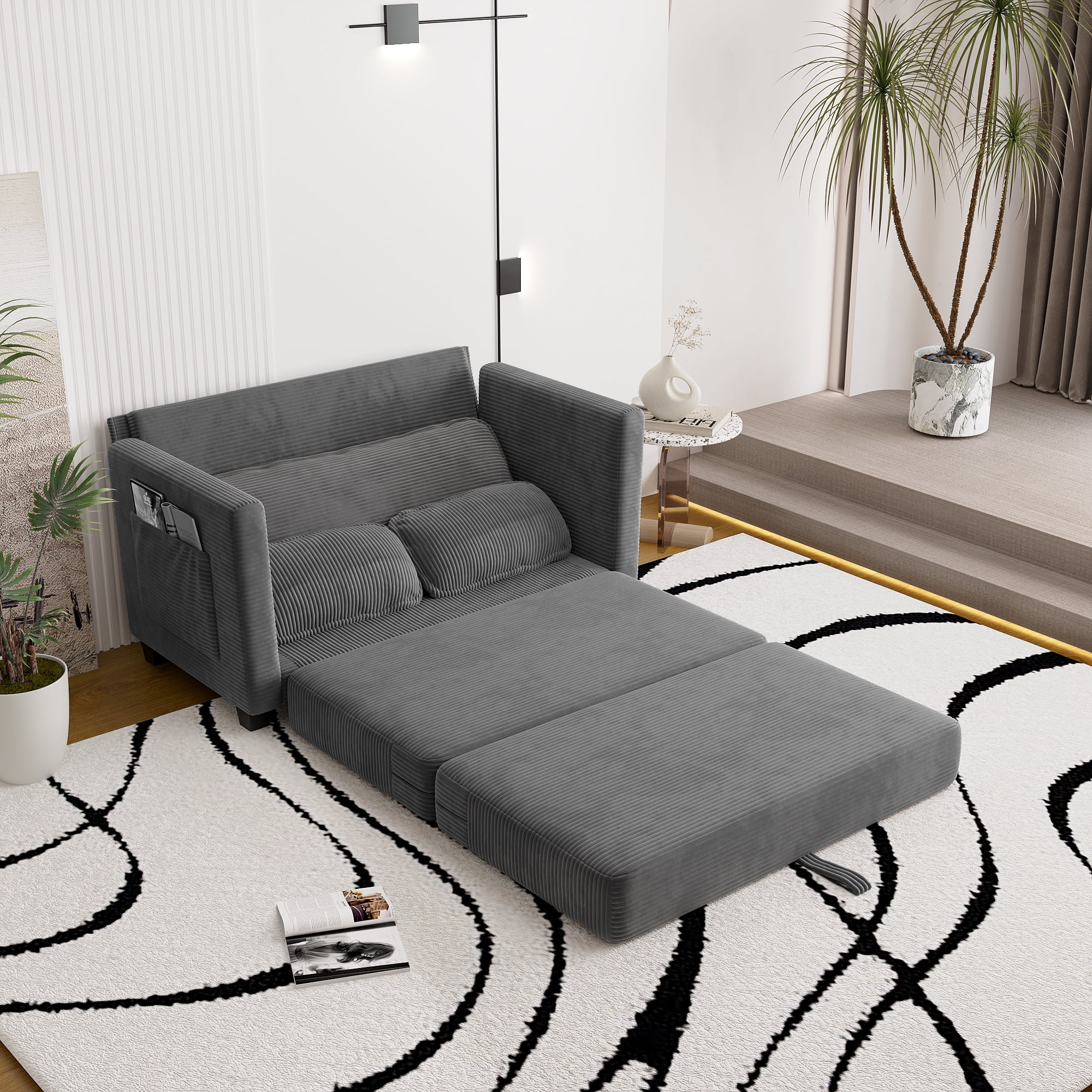 Jopat Convertible Sofa Bed,Corduroy Folding Sofa Bed,Loveseat Sleeper Sofa with Side Storage,Floor Couch for Apartment Living Room Bedroom,Grey