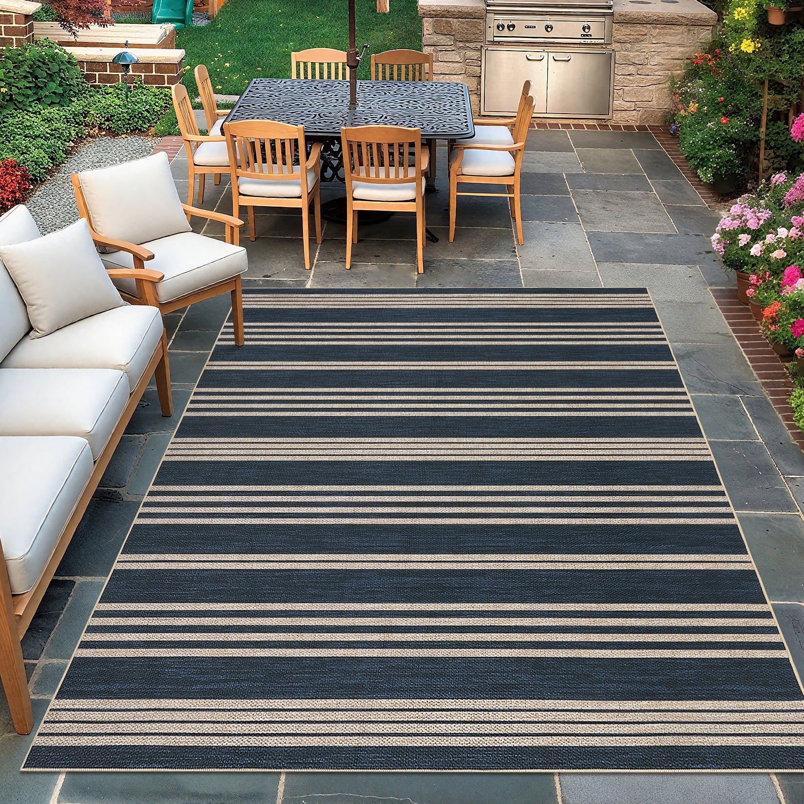 Hasoo Large Washable Rug 9' x 12' Area Rug for Living Room Easy Jute Striped Non-Slip Neutral Indoor/Outdoor Decor Carpet, Navy