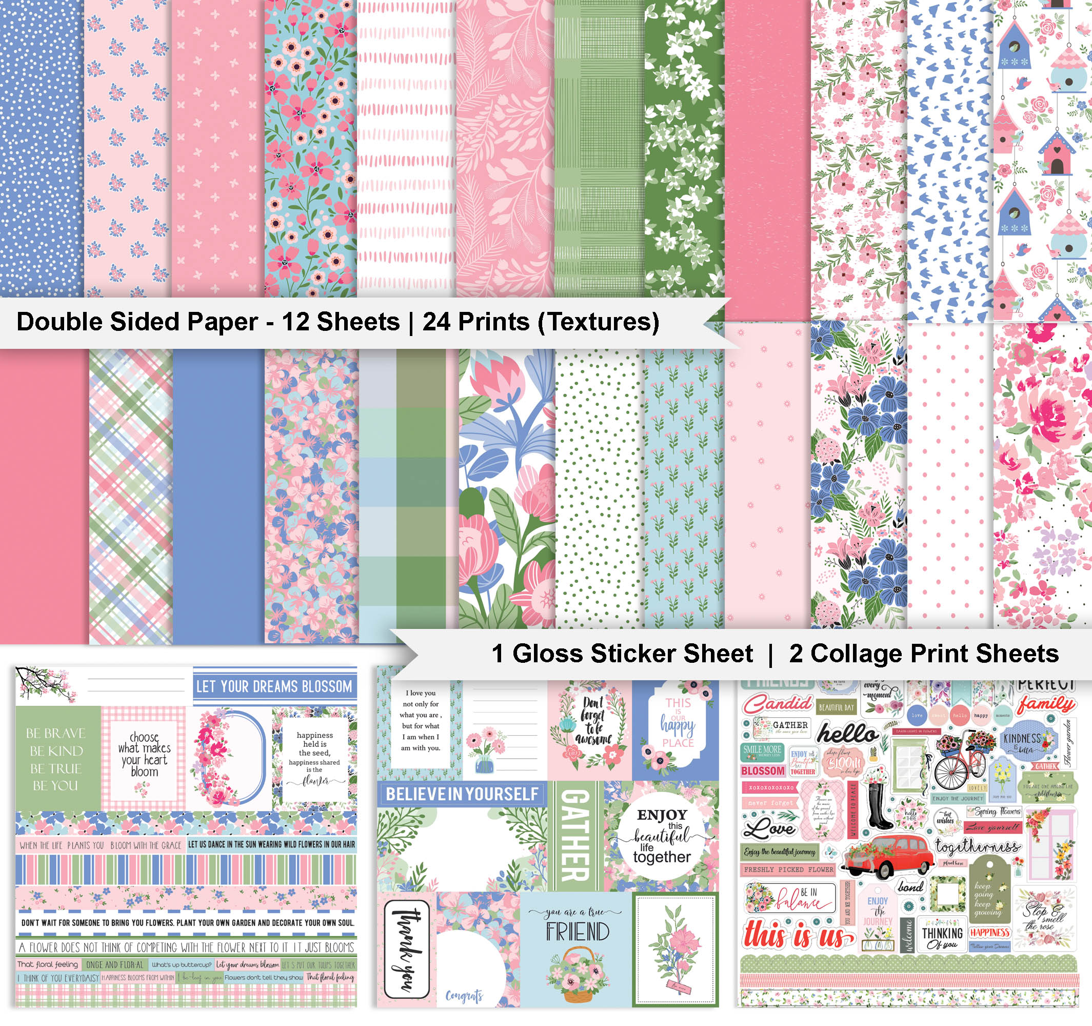 Inkdotpot Pastel Floral Collection Double,Sided Scrapbook Paper Kit Cardstock 12"x12" Card Making Paper Pack Of With Sticker Sheet - 16 Pages - Pastel Purple