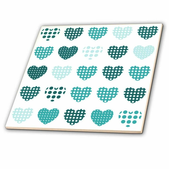 3dRose, Turquoise and White Polka Dot Hearts In A Row, 4 Inch Ceramic Tile