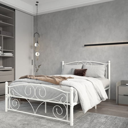 Metal Bed Frame with Headboard and Footboard  Iron Mattress Foundation No Box Spring Needed  Heavy Duty/Easy Set Up  Full  White