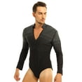 thumbnail image 3 of Fldy Men's Dance Shiny Rhinestones Bodysuit Shirt Ballroom Salsa Samba Latin Tops Leotard Black X-Large, 3 of 7