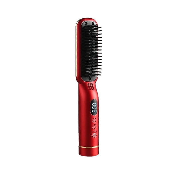 Cepillo alisador de pelo inalámbrico de cerámica con carga rápida USB y control inteligente de temperatura (rojo).