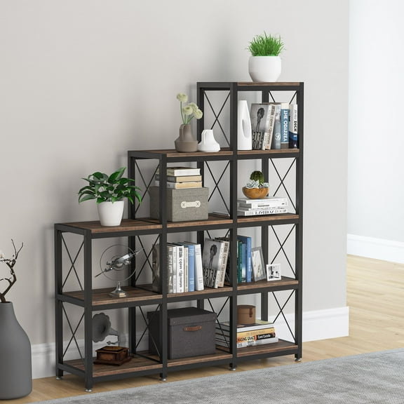 Tribesigns Industrial 5-Tier Ladder Bookshelf - 12-Shelf Rustic Brown Bookcase with 9 Cubes, Corner Display Storage for Home/Office