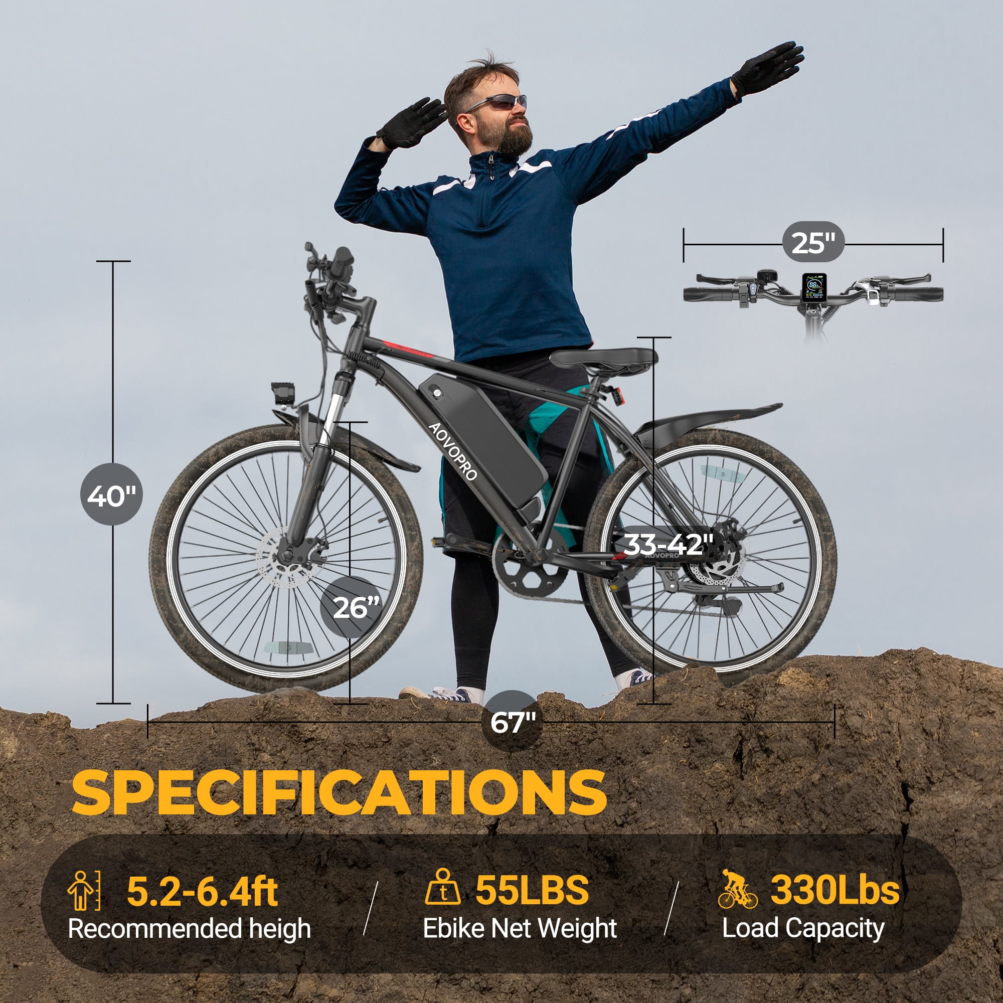 AOVOPRO BK900 Adult Electric Bicycles, 350W 26" Electric Mountain Bicycle, 48V Battery, 22Mph Electric Mountain Bike, Adjustable 7 Speed E-Bikes for Adults UL2849