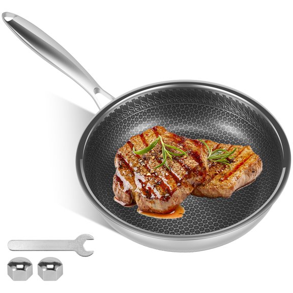 Stainless Steel Frying Pan with Lid 10 inch Honeycomb Skillet with Detachable Handle Nonstick Cooking Fry Pans Anti Scratch Induction Skillet Pan for All Stove Cooking Kitchens