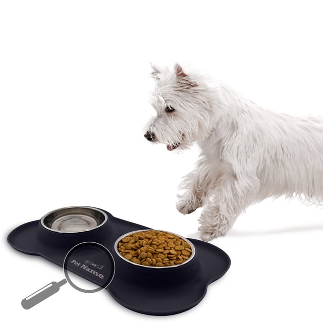 KE WOOW Dos platos de 400 ml c/u y Tapete Hueso de Silicón, Doble Plato para Perro, Acero Inoxidable, Tazón de Croquetas para Perros, Tazon para Agua, Comedero para Gato, Color Negro KE WOOW Plato Hueso mediano