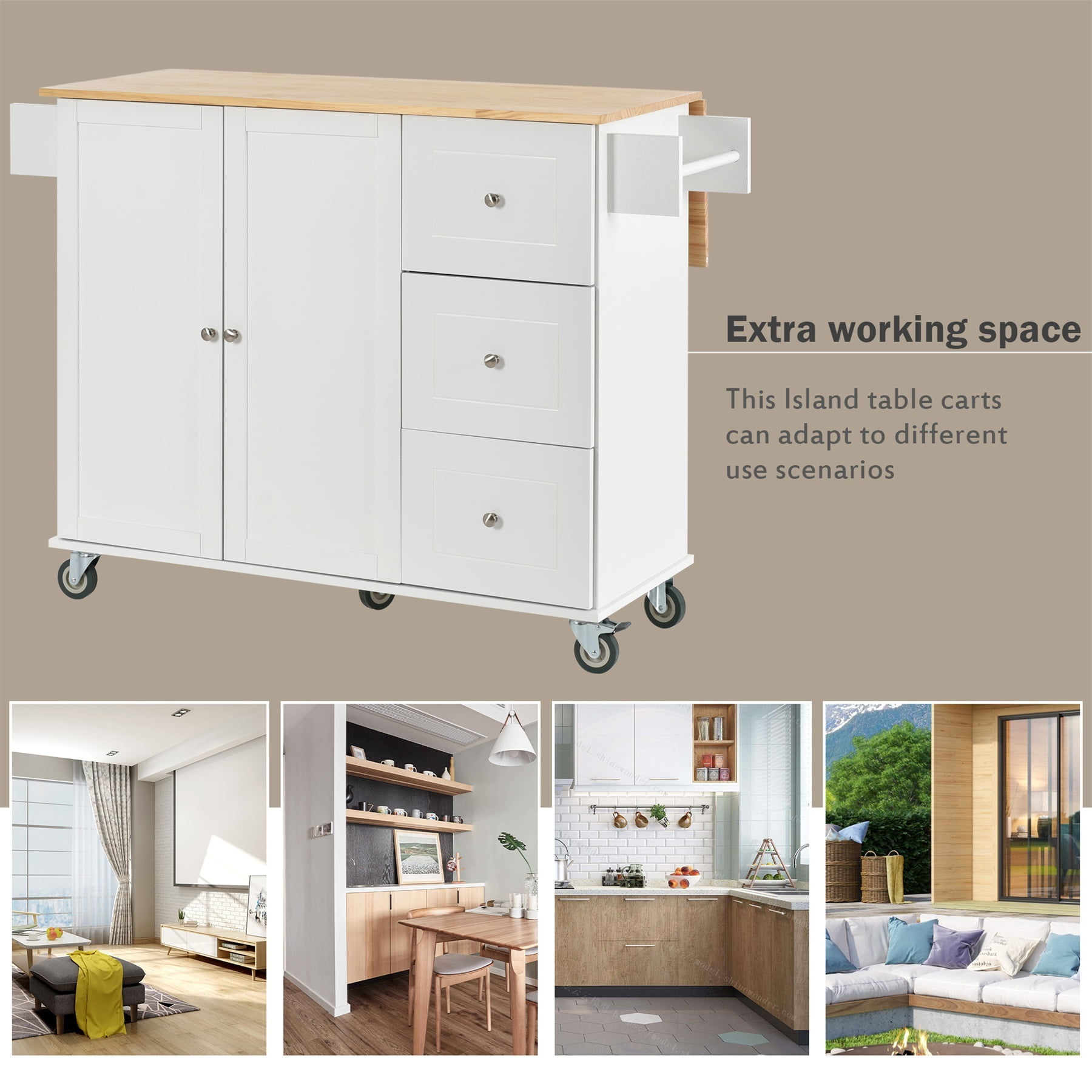 Alvantor 53'' Kitchen Island Carts, Mobile Buffet Cabinet with Drop Leaf, Spice Rack and Towel Rack for Dining Room Living Room White