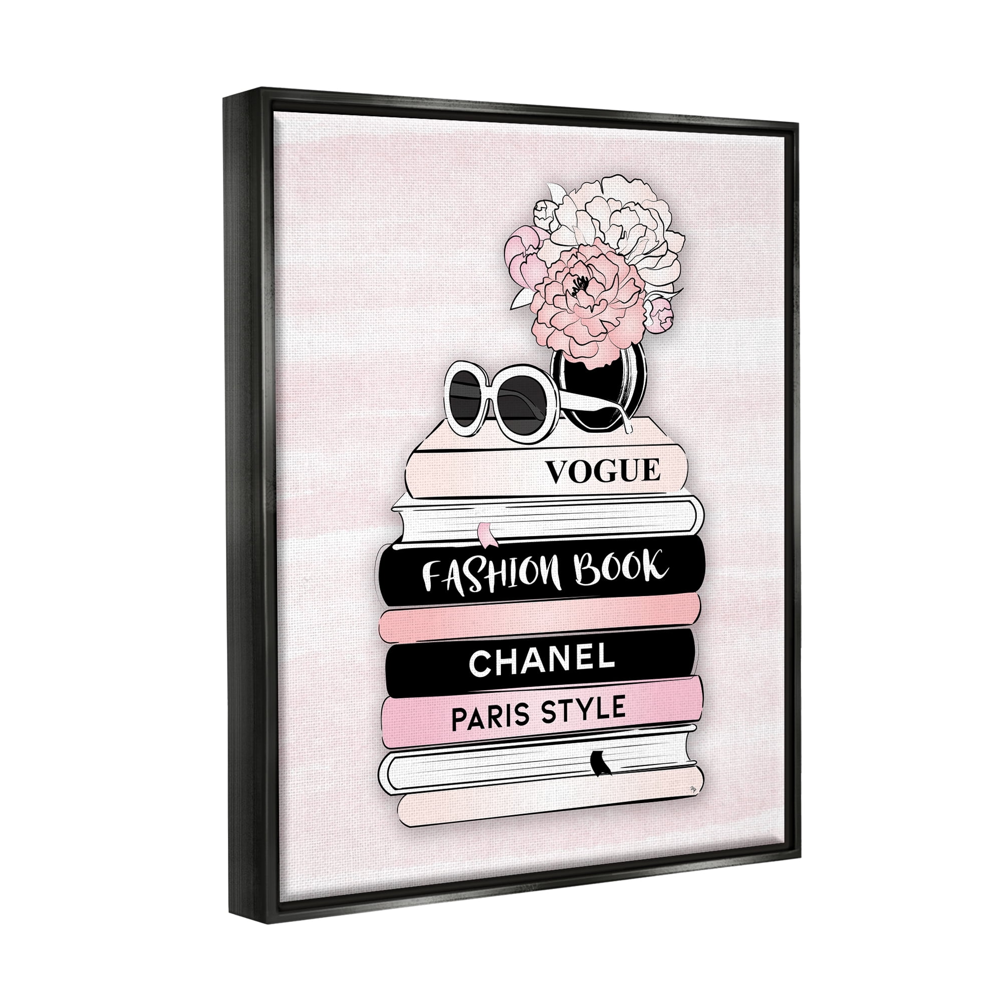 Stupell Industries Pink Fashion Bookstack Beauty & Fashion Painting Black Floater Framed Canvas Art Print Wall Art, 25 x 31