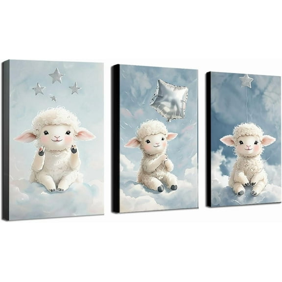 Canvas Poster Children's Room Wall Painting Set Watercolor Animal Theme Giraffe Bear Elephant Illustration Dream Sky Baby Room Decoration Three-piece Set Artwork Baby Space