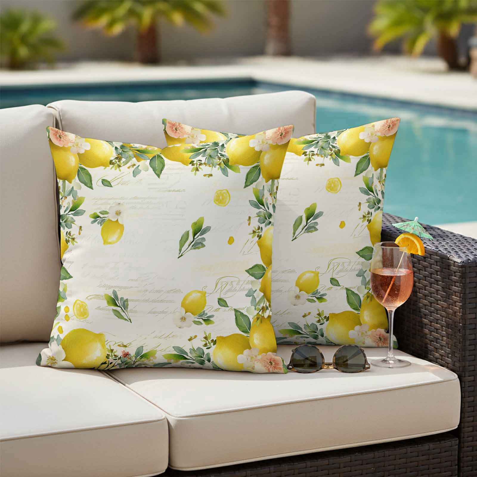 Vintage Lemon Outdoor Waterproof Pillow Covers, Summer Fruit Rustic Botanical Floral Decorative Square Throw Pillowcase Sofa Cushion Sham for Patio/Couch/Chair, 16"x16" 2 Pack