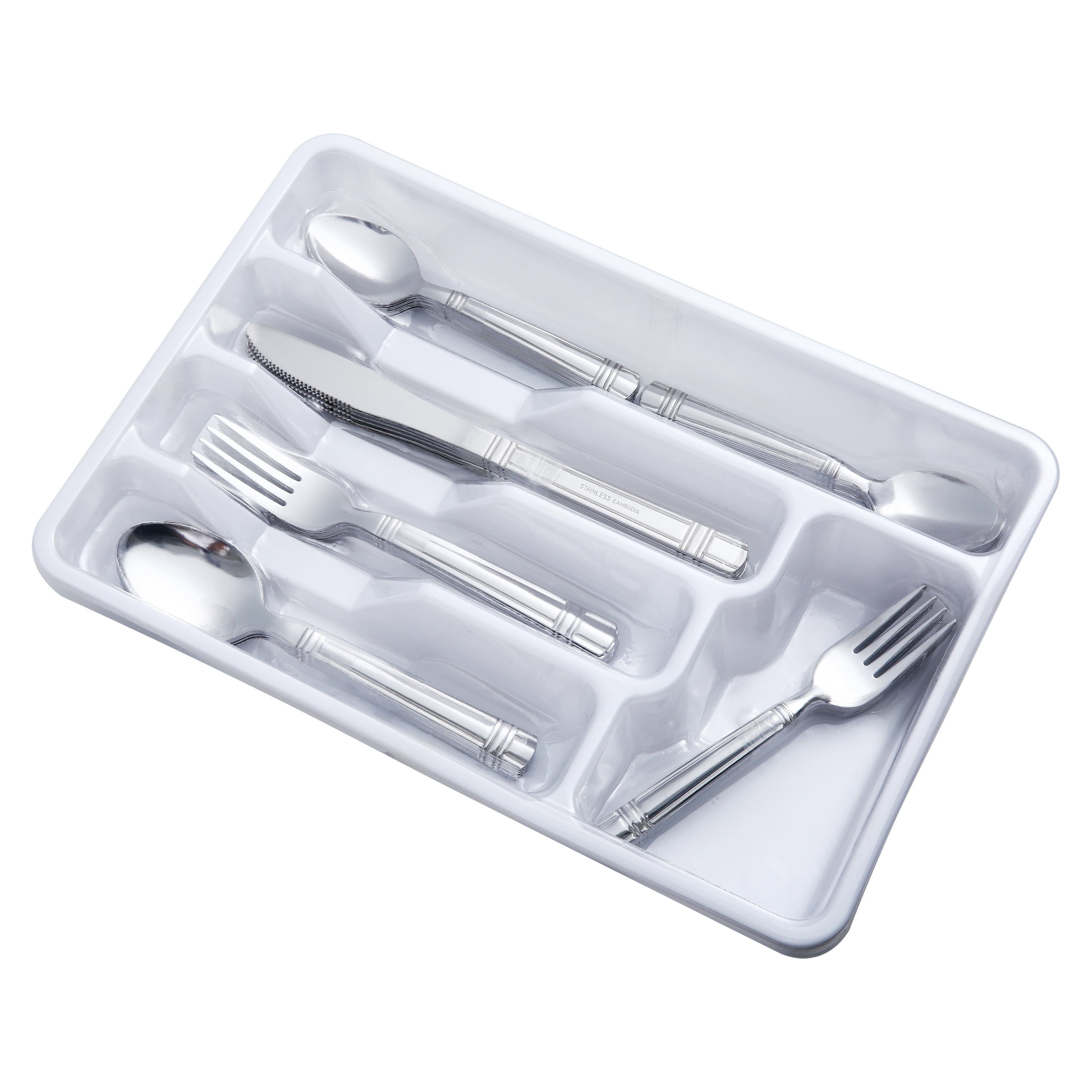 Mainstays 49 Piece Elena Adult Stainless Steel Flatware and Organizer Tray Value Set Silver, Service for 8