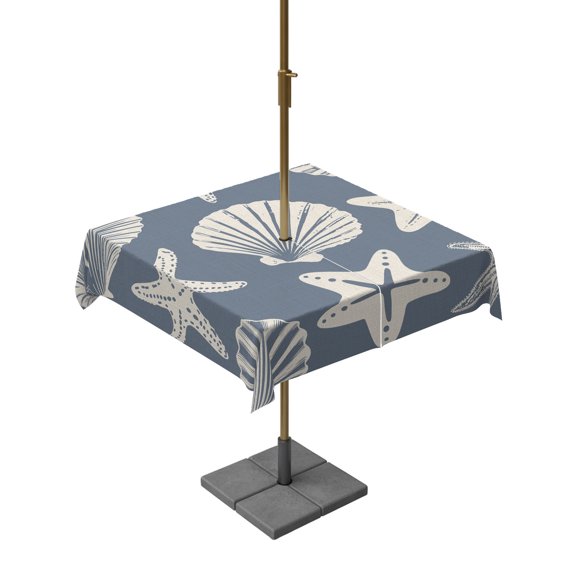 Outdoor Tablecloths with Umbrella Hole & Zipper, Indigo Blue Coastal Starfish 60x60 Inch Square Tablecloths, Ocean Sea Shells Nautical Marine Waterproof Table Cloth, Patio/Pool/Picnic Table Covers