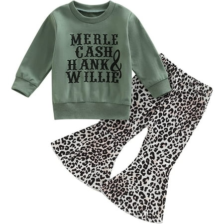 

PIKADINGNIS Western Toddler Baby Girl Clothes Letter Crewneck Sweatshirt Top Cow Print Flared Pants Set 2PCS Bell Bottom Outfits