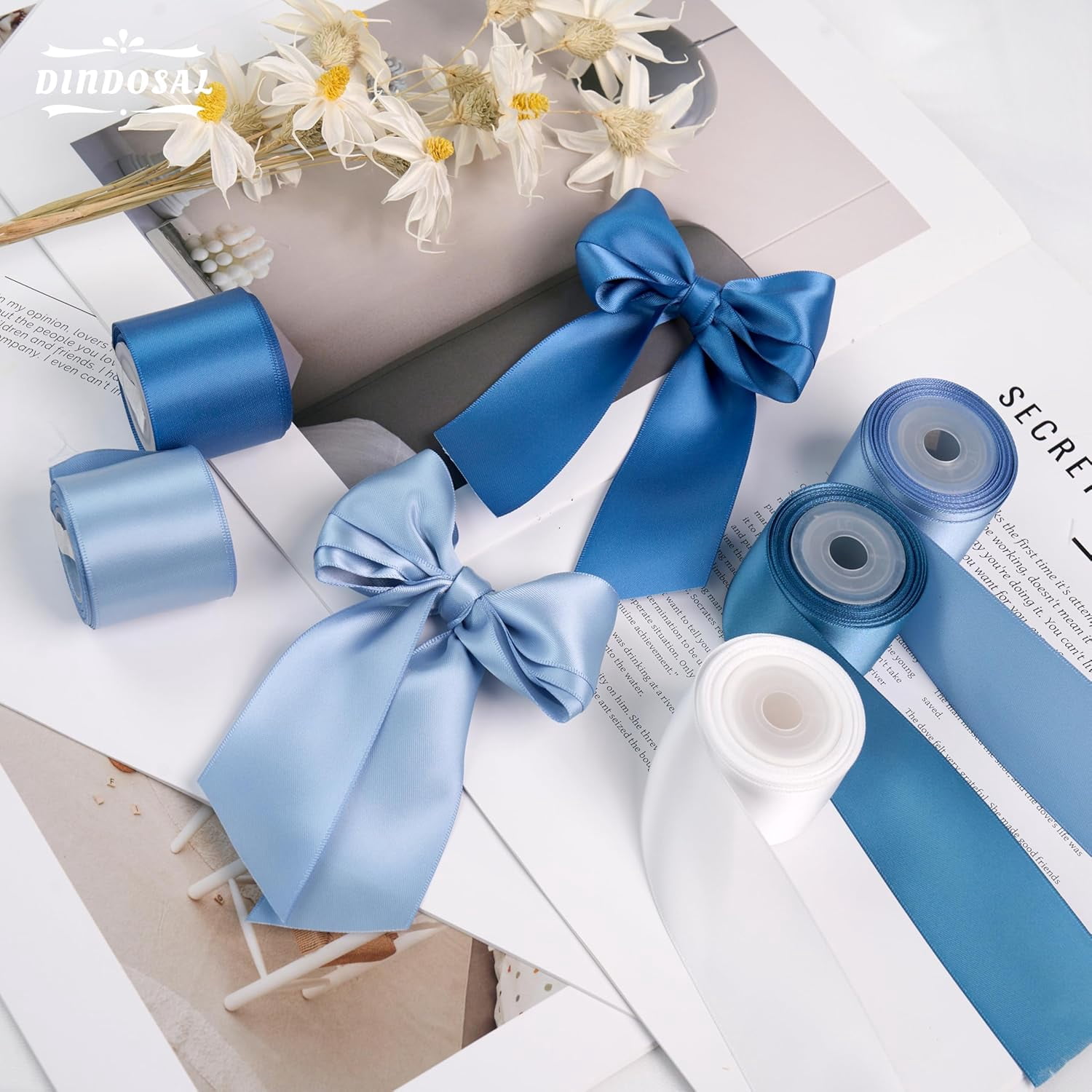 Dusty Blue Satin Ribbon Set, 1 1/2 Inch x 25 Yards, 5 Rolls French Blue Antique Blue Ribbon for Wedding, Flower Bouquet, Gift Wrapping, Hair Bows, Crafts and Party Decorations
