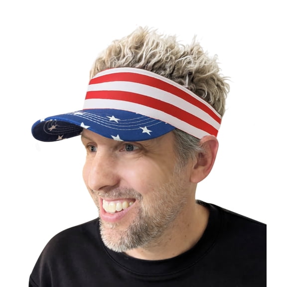 USA American Flag Sun Visor Merica Hat with Spiky Blonde Hair – Funny Patriotic Novelty Cap for 4th of July, BBQs, Tailgates, Sporting Events & Costume Parties