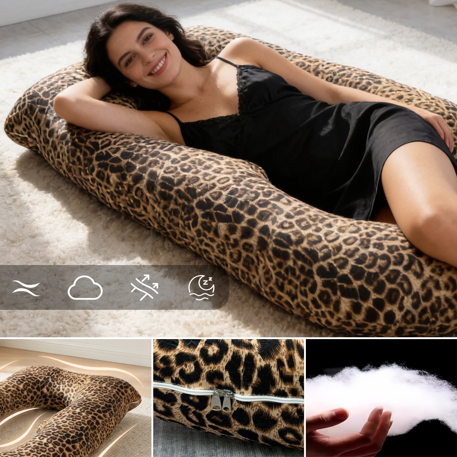 J-Shaped Pregnancy Pillow (65" x 16" x 8") - Full Body Maternity Support Pillow for Back, Hip and Belly Pain Relief, Leopard Print with Heart Pattern