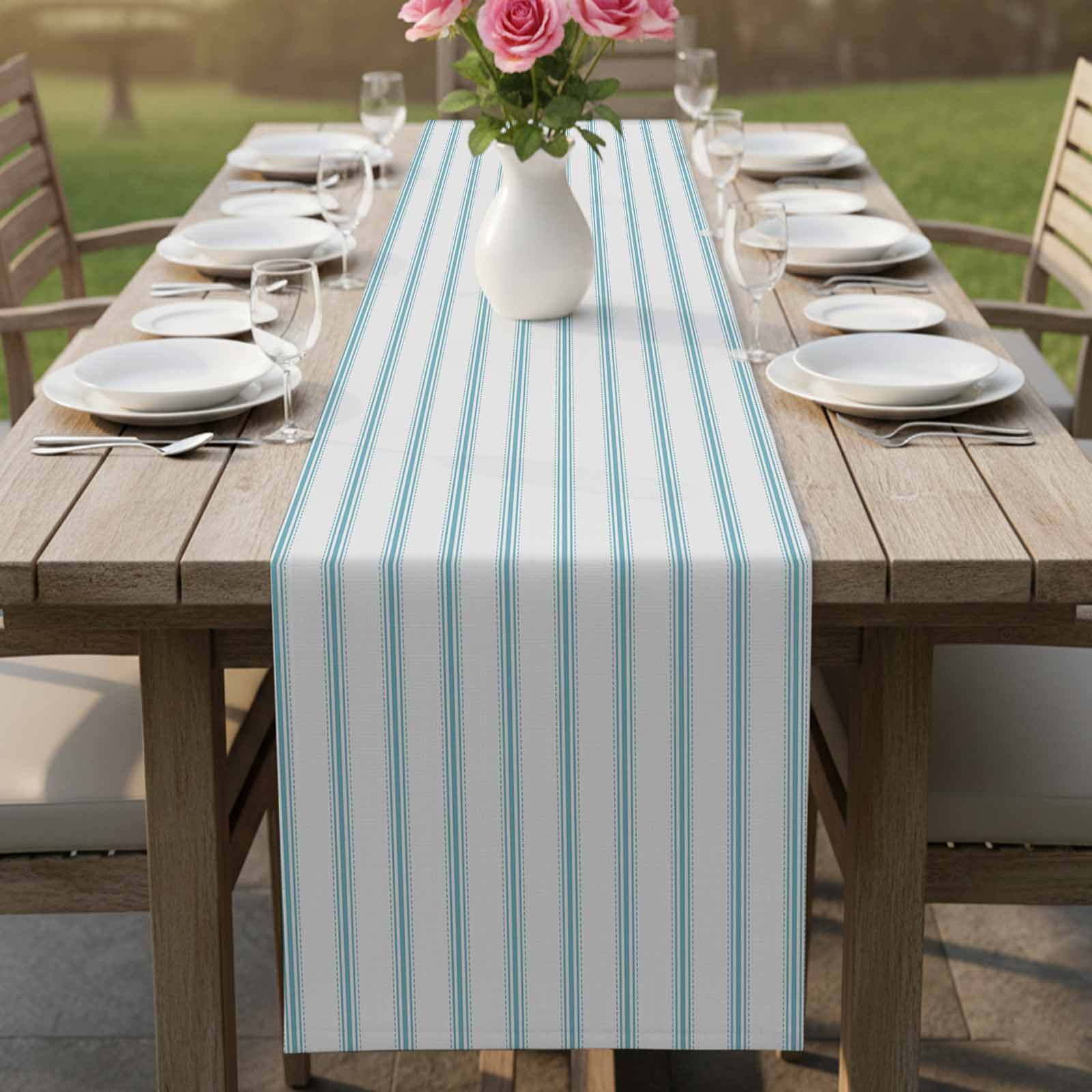 Blue Striped Table Runner, Blue White Stripes Farmhouse Washable Cotton Linen Table Runners 108 Inches Long, Dresser Scarf Runner for Dining/Living Room/Kitchen/Square Tables 13''x108''