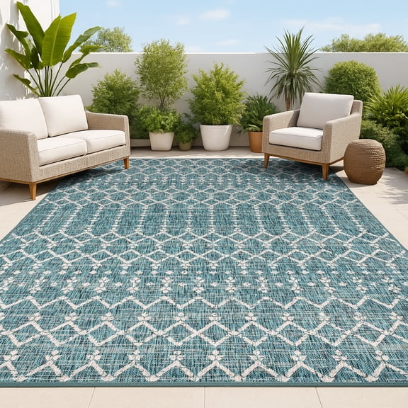 JONATHAN Y SANTA MONICA 8 x 10 Area Rug, Ourika Moroccan Geometric Textured Weave - Teal/Gray, SMB108C-8