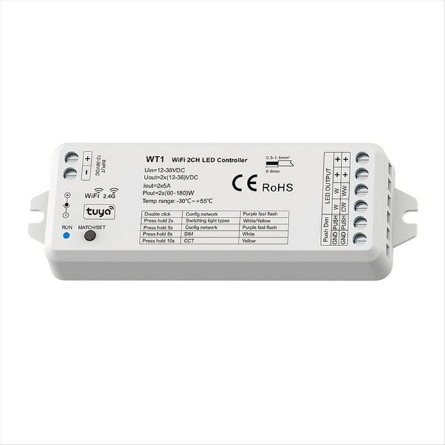 TUYA WifI WT1 LED Smart Dimmer 2CH 12V 24V 36V CCT LED Strip Dimming Controller Kit 2.4G Remote Control,1 * Controller,White