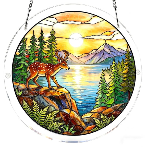 Deer Acrylic Puzzle Suncatcher Window Hanging, Colorful Jigsaw Puzzles Sun Catcher Pendant for Home Garden Living Room Party Decor and Creative Gifts