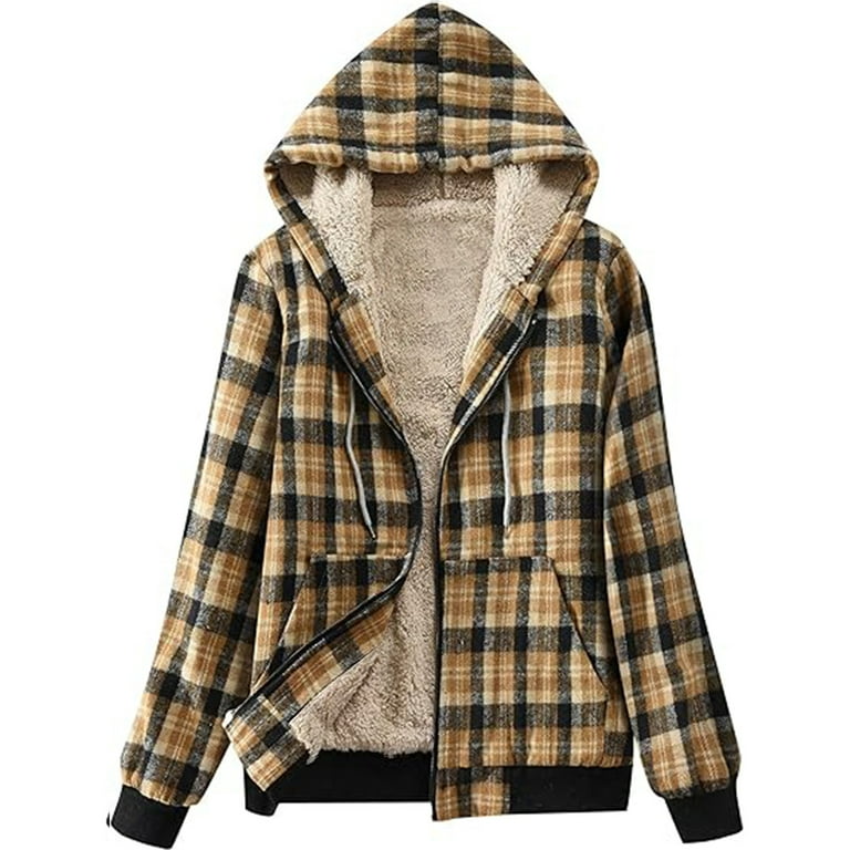 Oksale Plus Size Womens Plaid Fleece Lined Jacket Hooded Zip Up