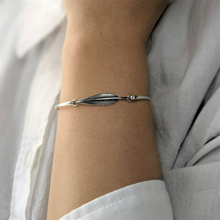 【STING925】 Feather Bangle Silverly Women's 925 Sterling Silver Thin Feather Quill