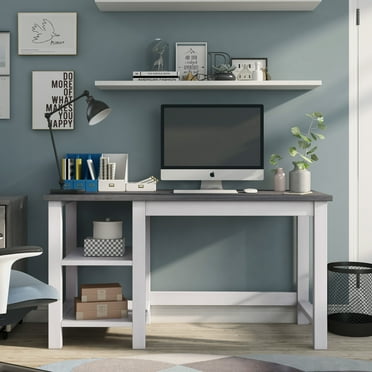 Chuck 2-Shelf Wood Desk, White Oak and Distressed Gray