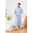 thumbnail image 2 of Vulcanodon Men Fleece Robe, Plush Hooded Lightweight Bathrobe Long Soft Warm House Coat with Pockets,(Light Blue Stripe,S-M), 2 of 5