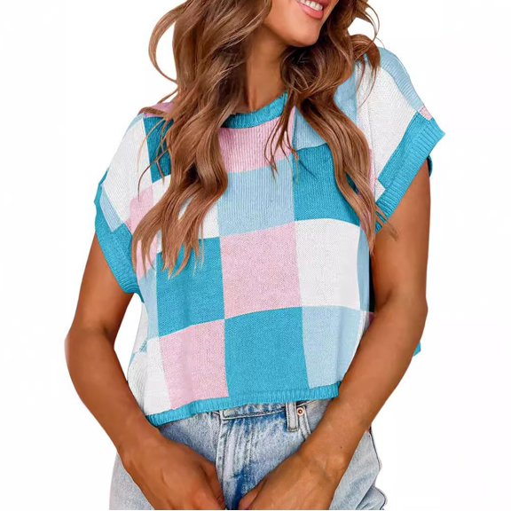 Tank Tops for Women Color Block Plaid Knitted Round Neck Short Sleeve Tops