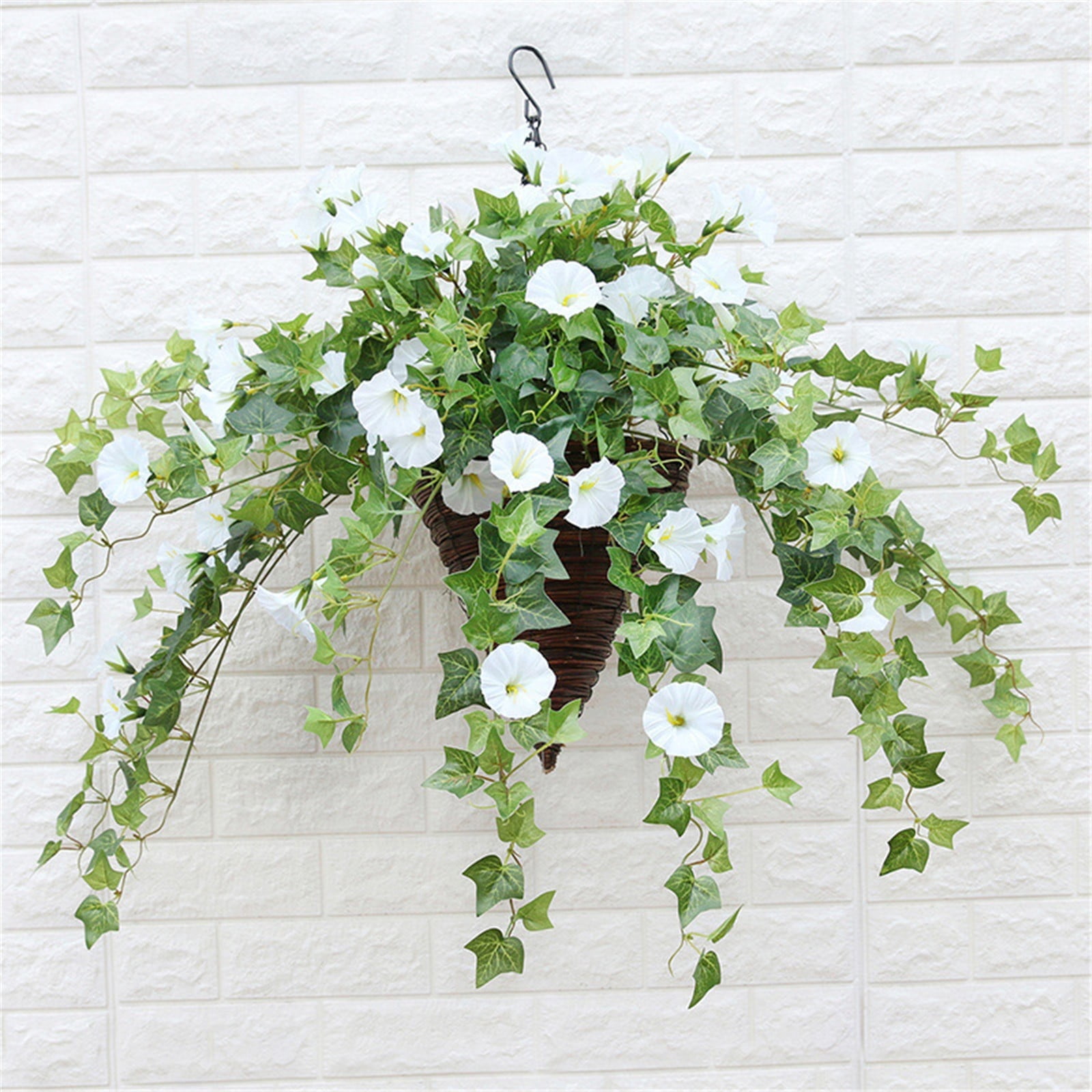 4 PCS Artificial Hanging Flowers Fake Plants Outdoor, Silk Morning Glory Faux Flowers with Eucalyptus Leaves, UV Resistant Realistic Hanging Plants for Home Garden Decor White