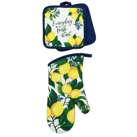 Lemon Oven Mitts and Pot Holders - Set of 3 Thick Cotton-Quilted Kitchen Essentials with Hanging Loops